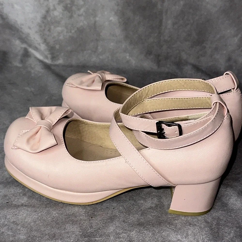 Women  Bowknot Cross Strap Round Toe Sweet Platform Chunky Heel Dress Shoes 7